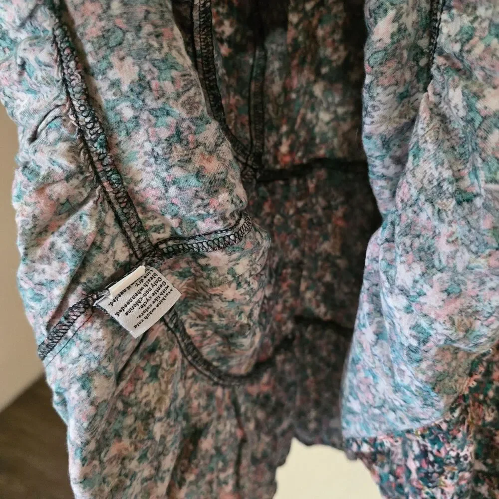 Nine West Floral Tiered Mini Dress Sleeveless V-Neck Pink Teal Black Women's Lrg